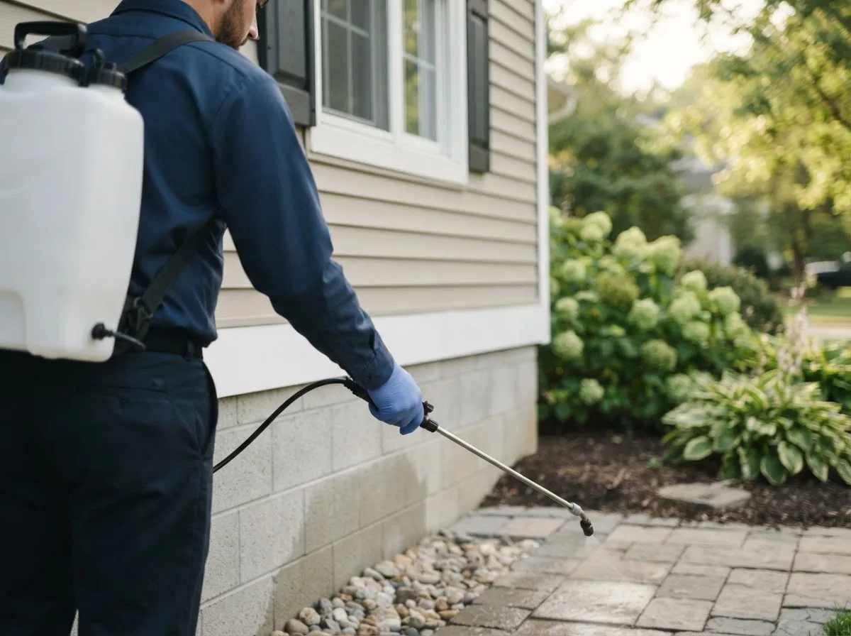 Pest control technician inspecting a home in Fall River, KS